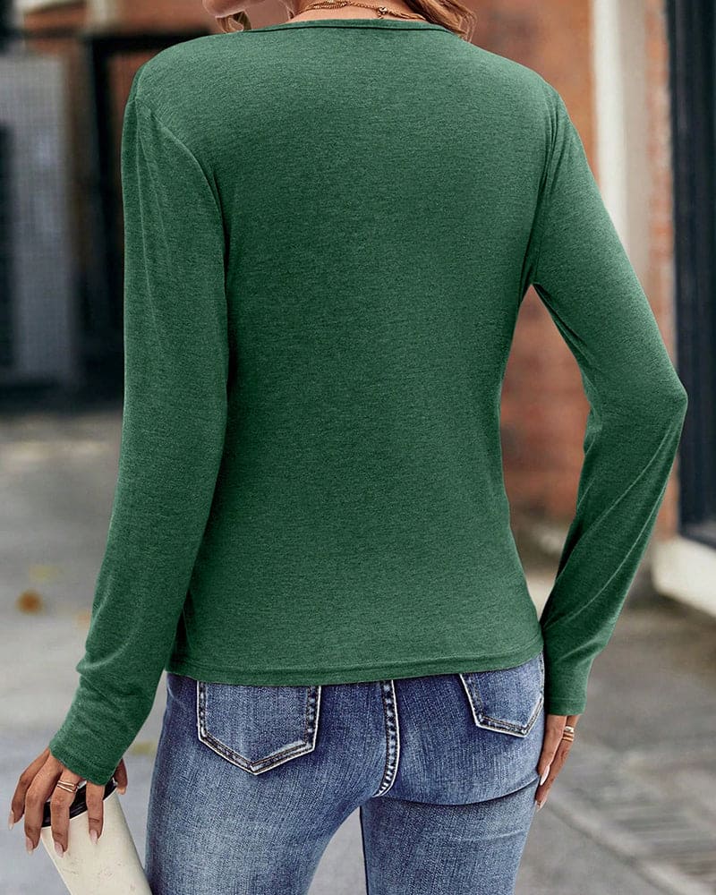 T-shirt à Col V Profond à Manches Longues pour Femmes